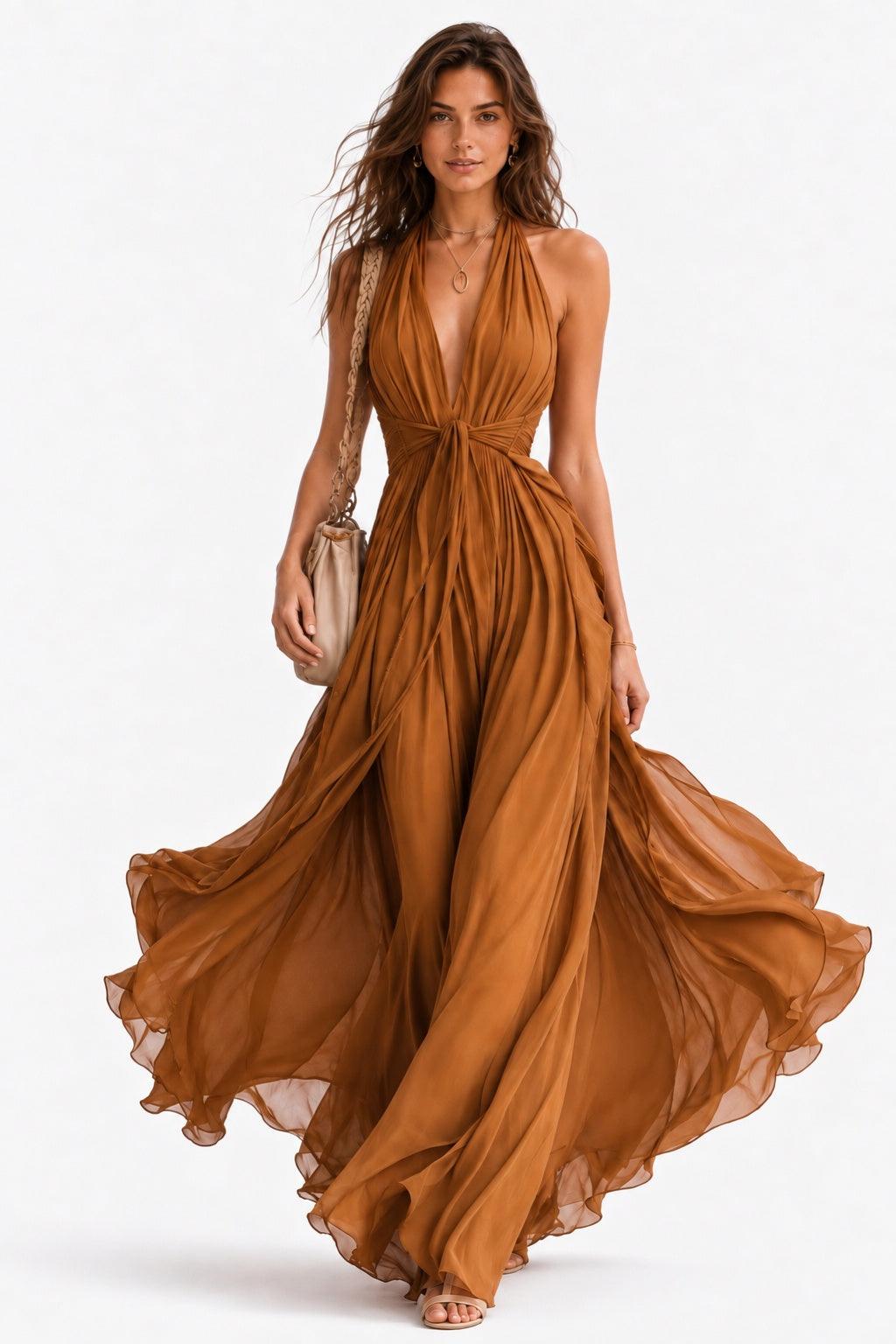A-Line Floor Length Chiffon Wedding Guest Dress CG0374 - Burnt Orange - COCOMELODY